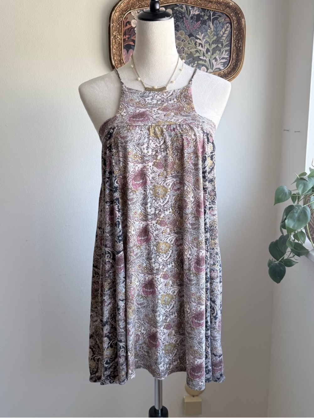 Sleeveless Boho Halter Dress in Muted Pink and Cream